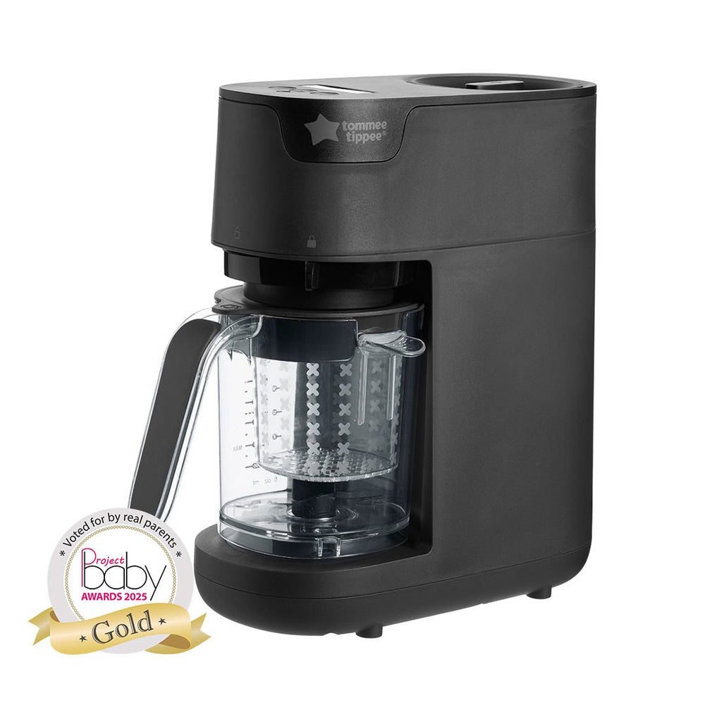 Black quick cook baby food maker against a white background