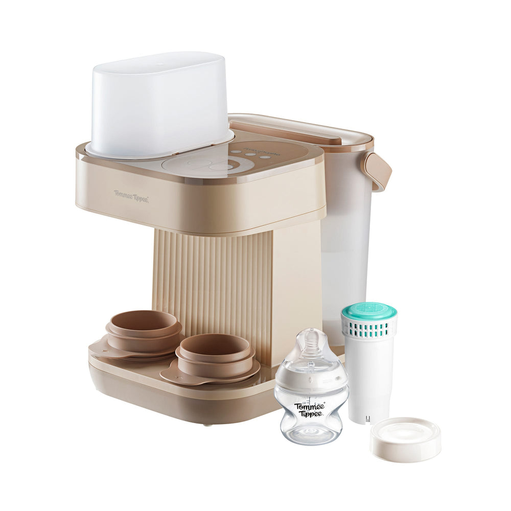Tommee Tippee Nutmeg Perfect Prep Pro against a white background with a filter and a 150ml bottle alongside