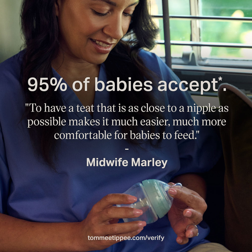 Midwife holding an Advanced Anti-colic bottle with text overlay about how 95% of babies accept these bottles