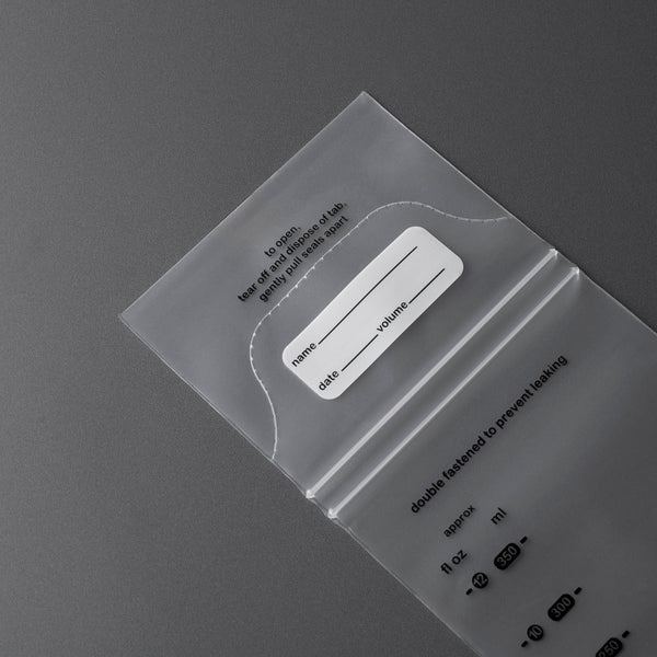 Close-up of the double seal and label space on a breast milk storage bag.