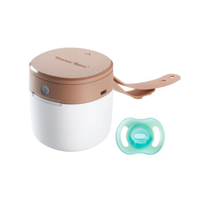 NightGlow Pod with an Ultra-light StayPut NightGlow soother on a white background.