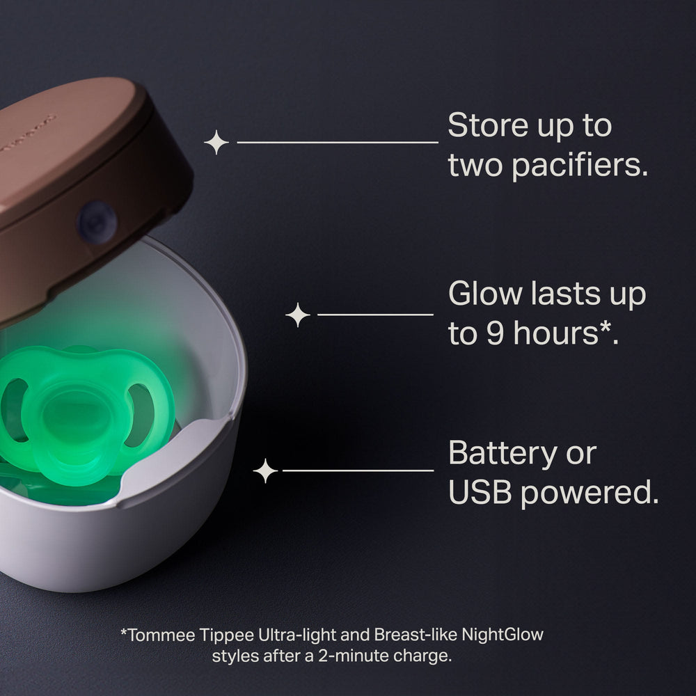 Glow in the dark paci inside the NightGlow Pod next to key feature pointers.
