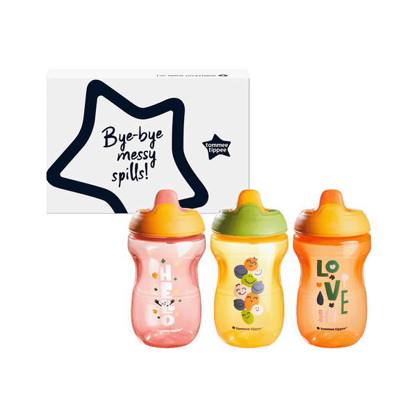 Three sippee cups and their packaging box against a white background