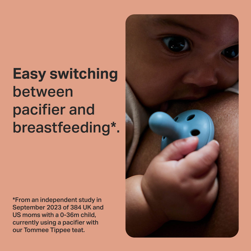 Baby leaning on mom's breast holding a paci with primary feature text.