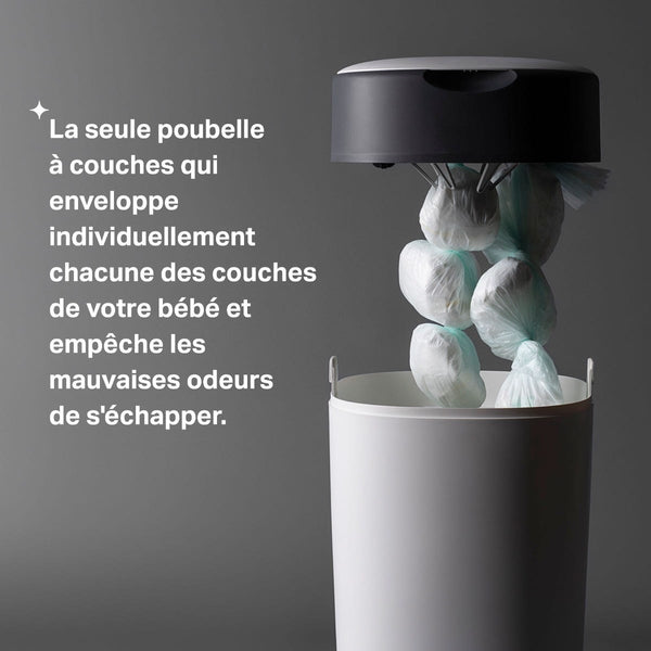 Image d'une poubelle blanche avec des couches attachées à l'intérieur et le slogan USP du produit