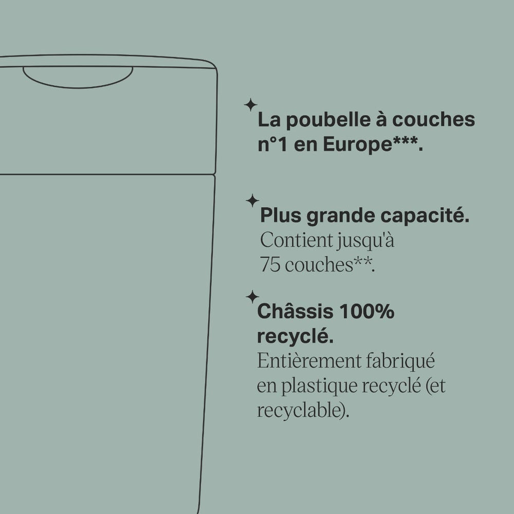 La poubelle à couches Twist & Click XL en ligne de mire avec les puces des caractéristiques du produit
