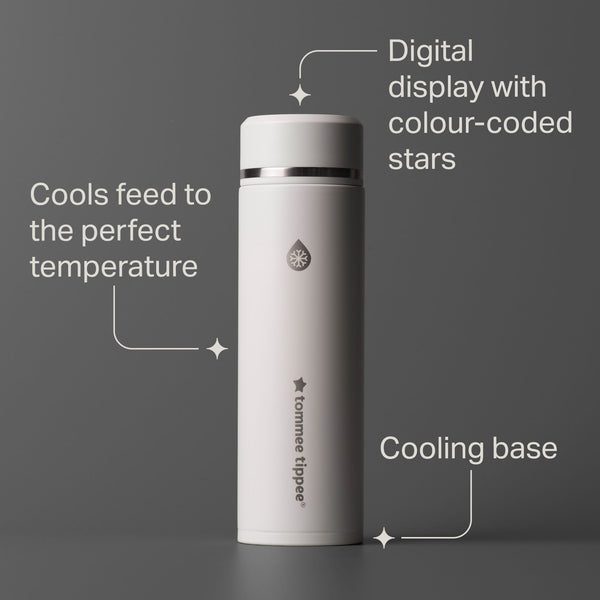PrepGo cooling flask against a grey background with pointers to product features