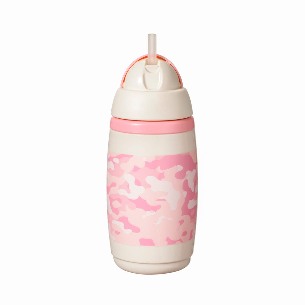 Pink camo insulated straw cup against a white background