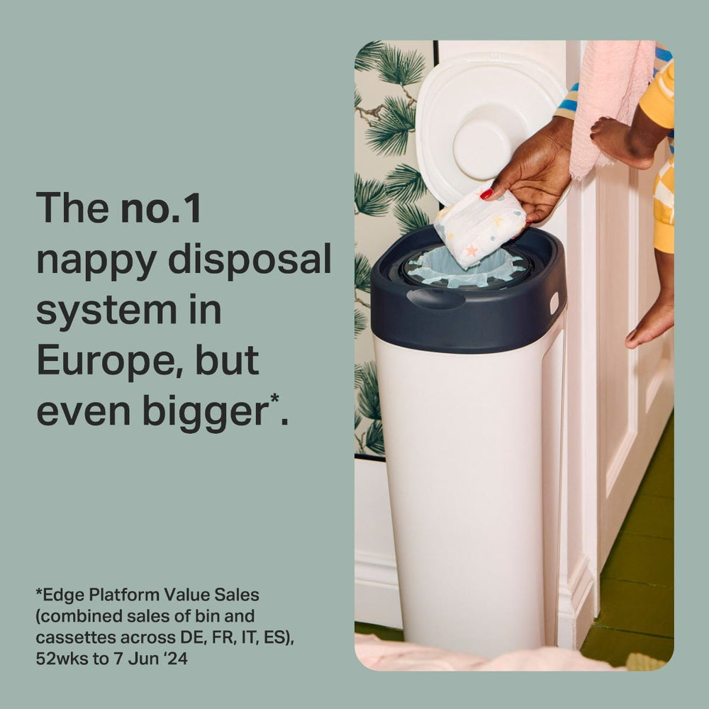 Image of an XL Twist and Click bin in a bedroom with a parent placing a nappy inside whilst holding a baby with text overlay or product USP