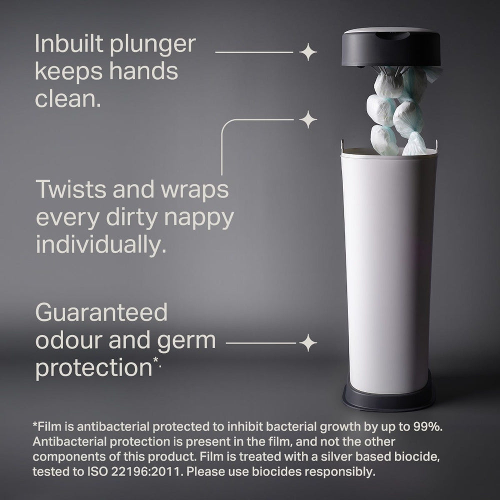 XL Twist and Click bin with the lid held higher to show the nappies wrapped inside against a grey background with pointers to the key product features