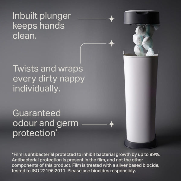 XL Twist and Click bin with the lid held higher to show the nappies wrapped inside against a grey background with pointers to the key product features