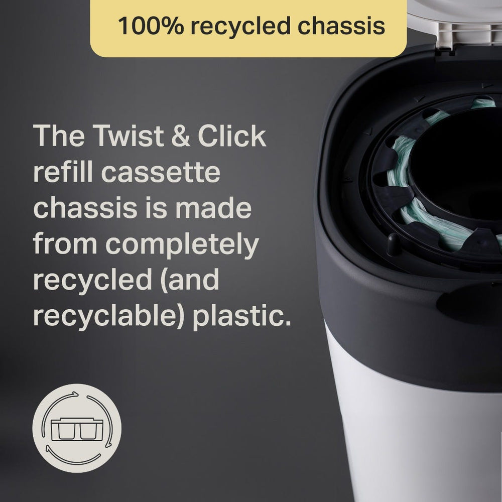 Close up of an XL Twist and Click bin with the lid open to show the cassette inside with text overlay about how the refill cassette is made from completely recycled and recyclable plastic