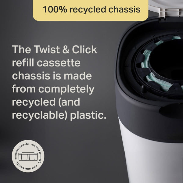 Close up of an XL Twist and Click bin with the lid open to show the cassette inside with text overlay about how the refill cassette is made from completely recycled and recyclable plastic
