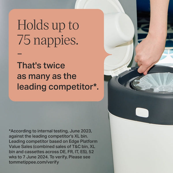Close up of an XL Twist and Click bin with a parent twist the cassette to lock in the nappy with text overlay about the bins capacity and how it can hold up to 75 nappies
