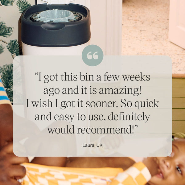 An XL Twist and Click nappy standing in a bedroom with text overlay of consumer review