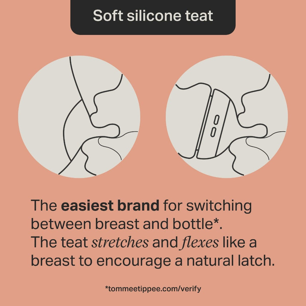 Two keyline images of a baby breastfeeding and a baby bottle feeding with text about switching between breast and bottle