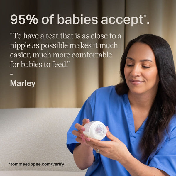 Image of a midwife holding a Tommee Tippee Natural Start bottle with text stating 95% of babies accept*. and a quote from the midwife stating that To have a teat that is as close to a nipple as possible makes it much easier much more comfortable for b