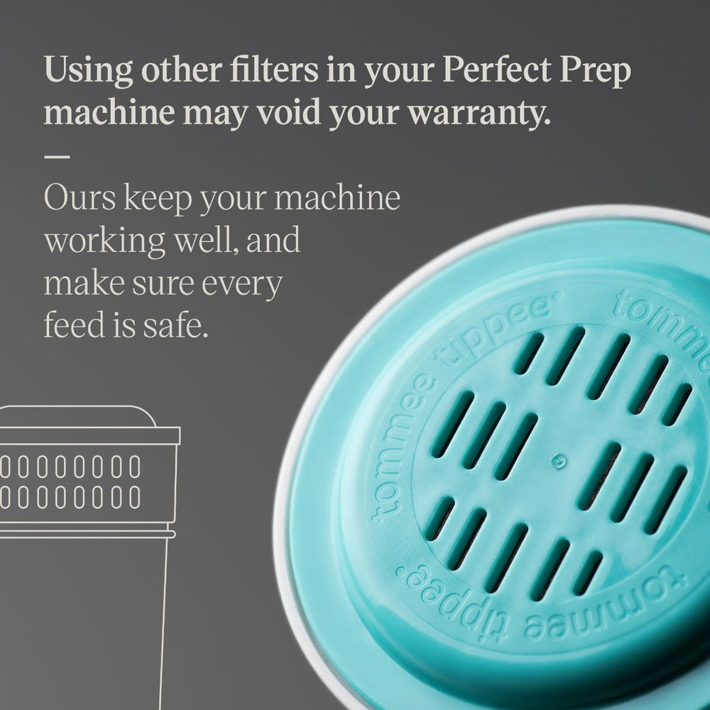 Close up of the top of a Perfect Prep filter against a grey background with text about the machine warranty