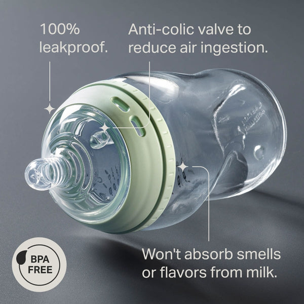 Natural Start glass bottle laying on its side against a grey background with pointers to the key product features