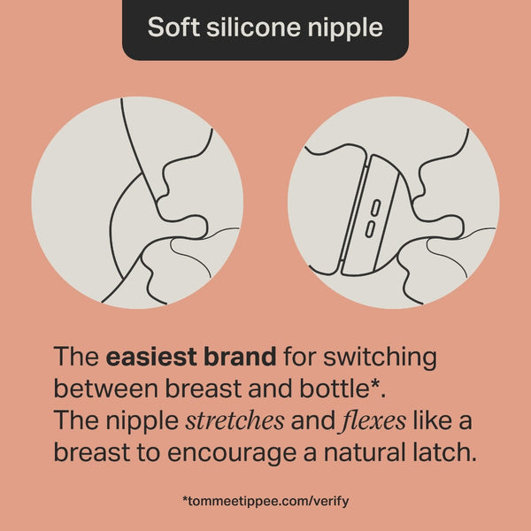 Two keyline images of a baby breastfeeding and a baby bottle feeding with text about switching between breast and bottle