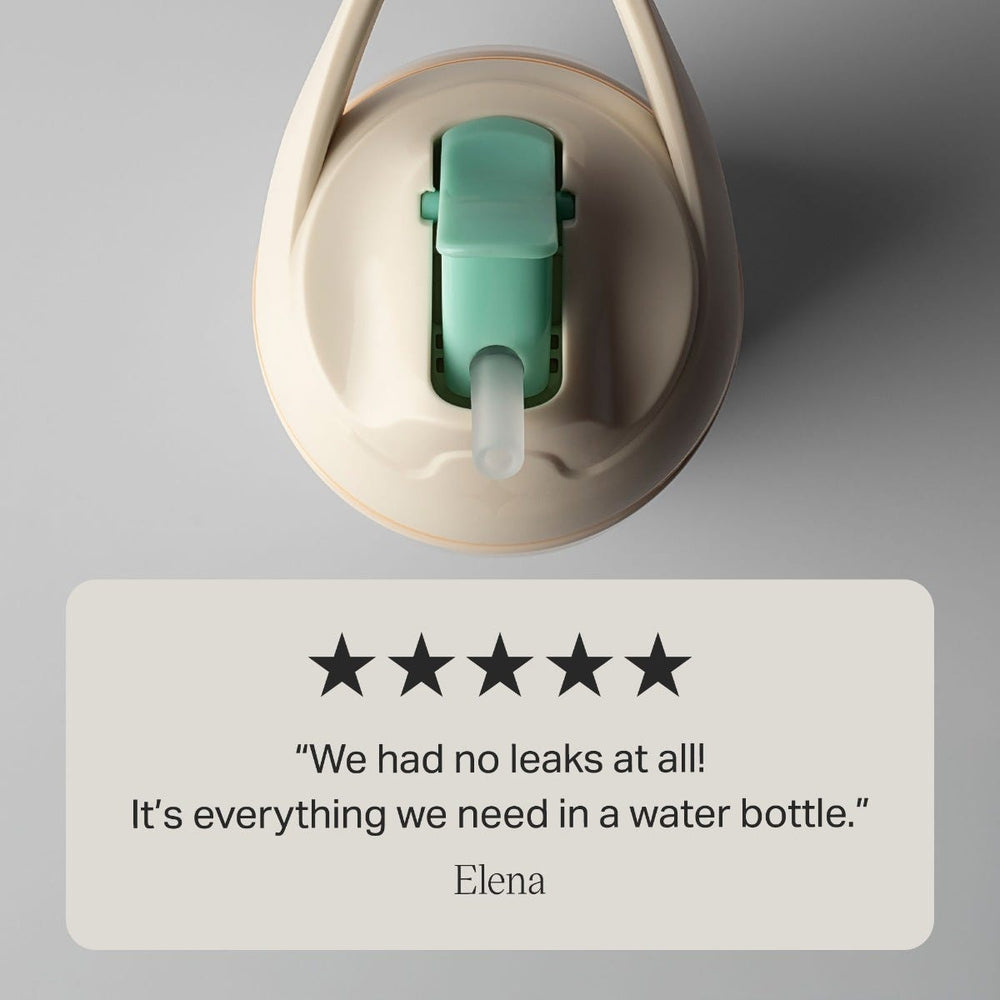 Aerial shot of insulated sporty straw cup against a grey background with text overlay of a customer review