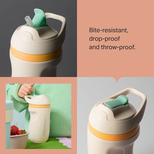 Grid of a toddler carrying an insulated sporty straw cup and two close up shots of insulated sporty straw cups with product feature text