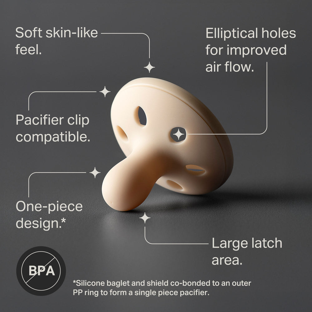Front-facing breast-like pacifier with key feature pointers.