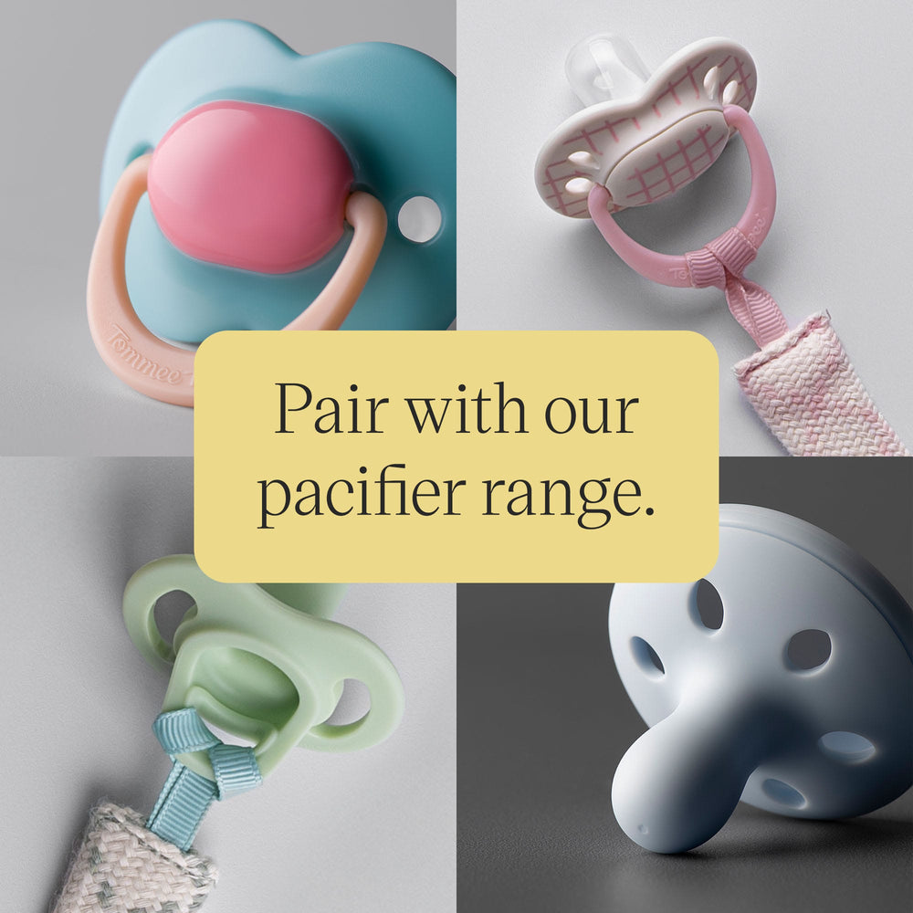 Grid image showing four Tommee Tippee pacifiers with text overlay.