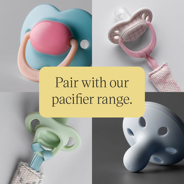 Grid image showing four Tommee Tippee pacifiers with text overlay.