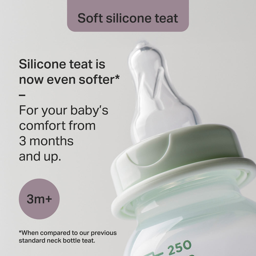 Close up of a Classic Start narrow neck bottle teat against a grey background with text overlay of product messaging