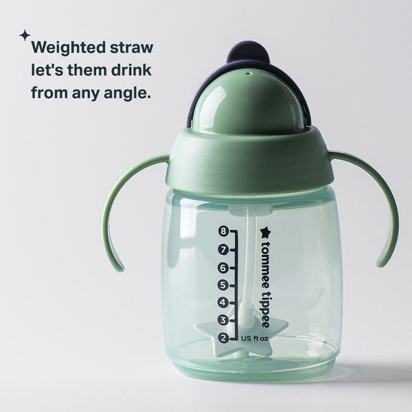 Weighted straw cup on a grey background with text