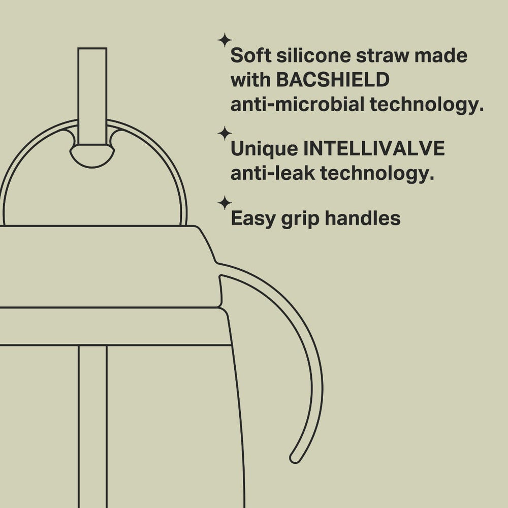 Weighted straw cup key line drawing with feature bullets