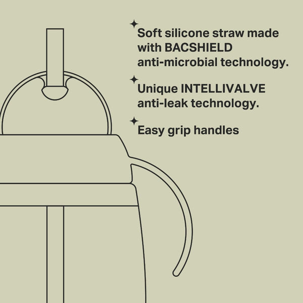 Weighted straw cup key line drawing with feature bullets