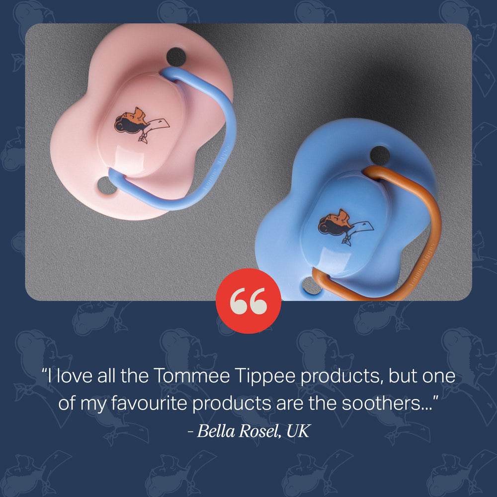 Pink and blue soothers against a grey background with text overlay of customer review