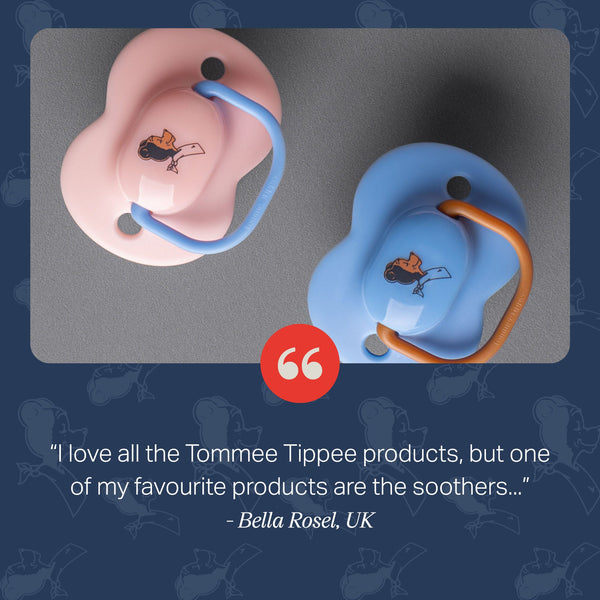 Pink and blue soothers against a grey background with text overlay of customer review