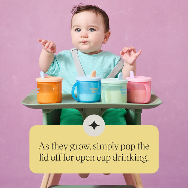 Image of a babies sat in a highchair with a selection of first cups in front of them with text overlay of product messaging