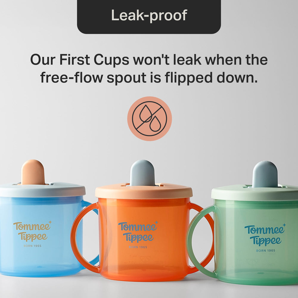 Three first cups against a grey background with text overlay about how they are leak-proof