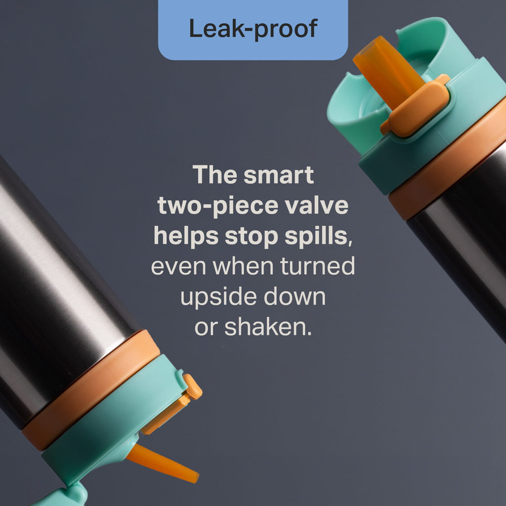 Two Tommee Tippee On-the-Go Stainless Steel Insulated Bottles against a grey background with text stating 