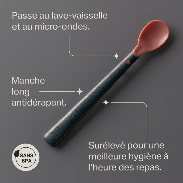 Cuillère de sevrage pour bébé Heat Sense avec des conseils sur les principales caractéristiques.