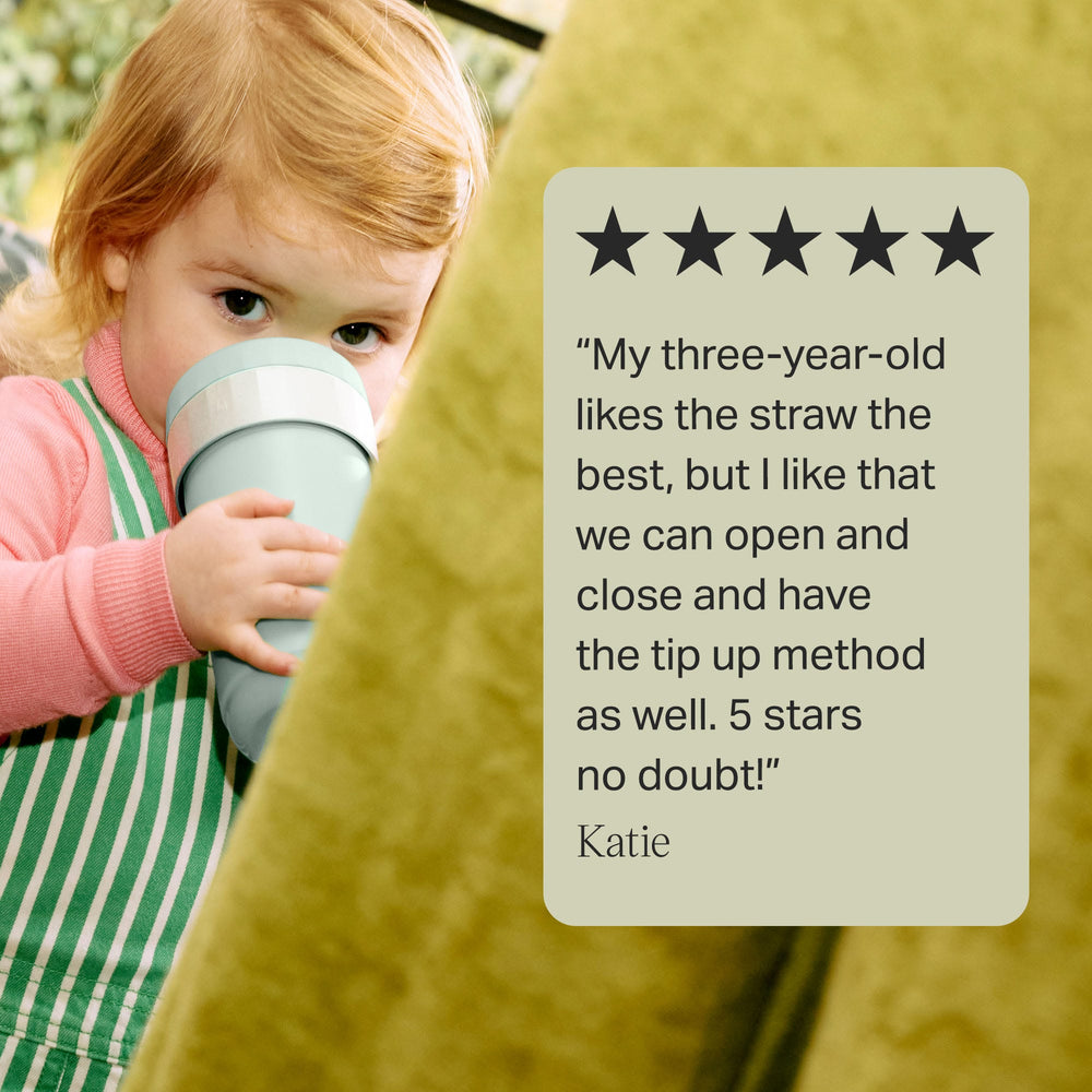 Toddler drinking from a 3-in-1 convertible cup against a blue background with text overlay of a customer review
