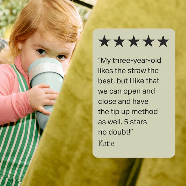Toddler drinking from a 3-in-1 convertible cup against a blue background with text overlay of a customer review
