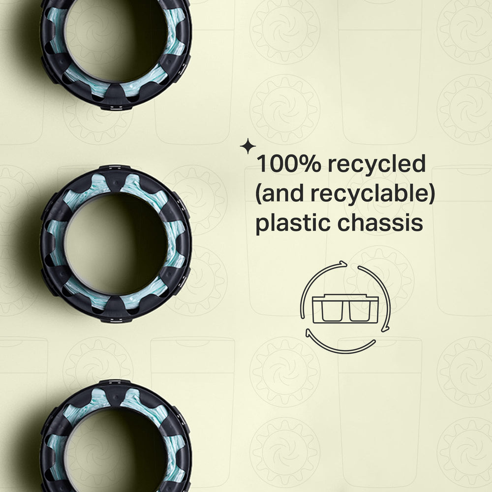 Three Twist and Click refill cassettes on a green background with text about the 100% recycled (and recyclable) plastic chassis