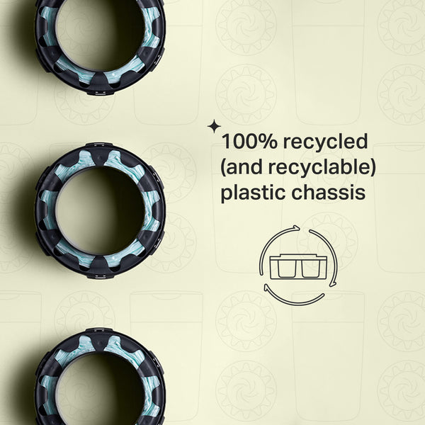 Three Twist and Click refill cassettes on a green background with text about the 100% recycled (and recyclable) plastic chassis