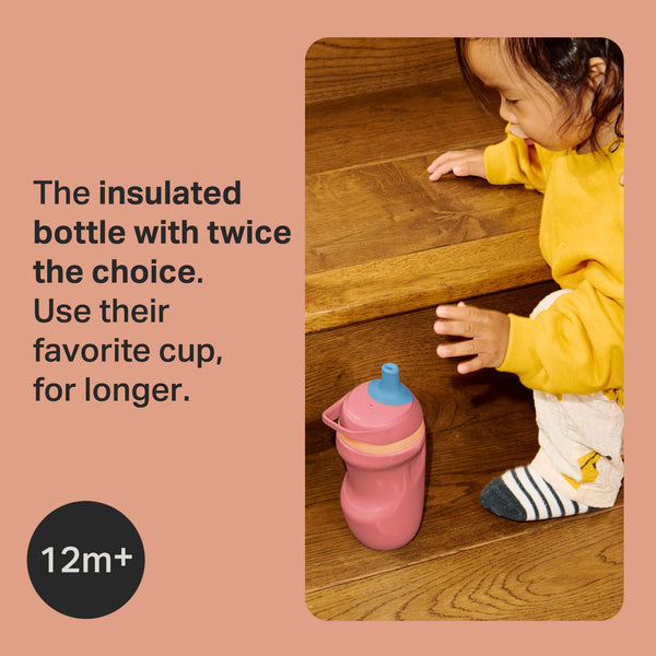 Toddler kneeling down and reaching for an Insulated Sporty Spout and Straw Cup with text overlay of product USP and icon of 12 months+