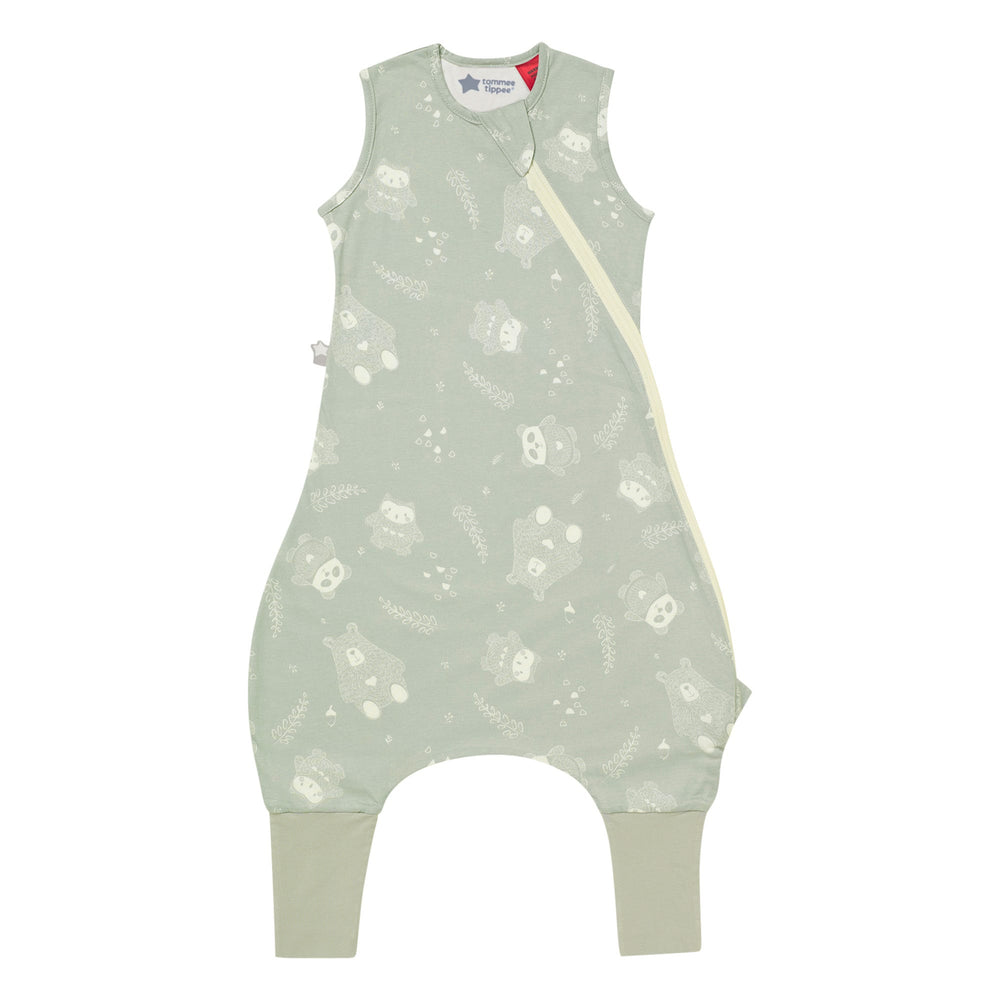 Light green baby romper with floral pattern on a white background