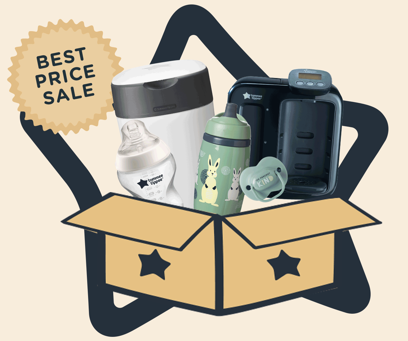 Animation of Twist and click bin, Closer to nature baby bottle, Perfect prep Day & Night, Everday soother,Superstar sportee insulated green bottle inside box