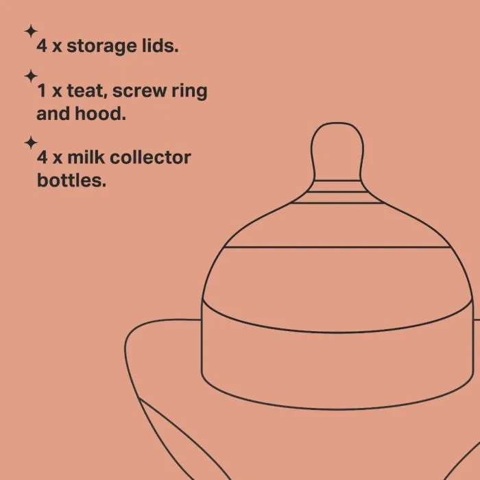 Keyline of the wearable collector bottle with nipple and key features listed.