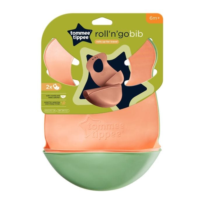Two roll’n’go bibs in their packaging against a white background