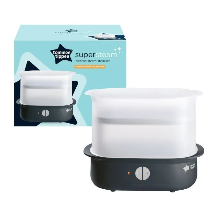 Black steam steriliser with its packaging box against a white background