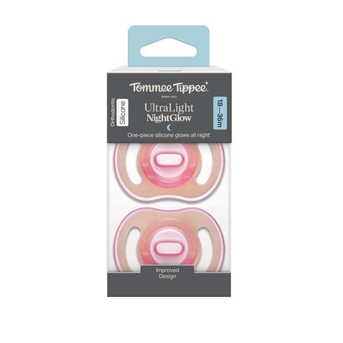 Ultra-light Night Glow soothers in a packaging box on a white background.